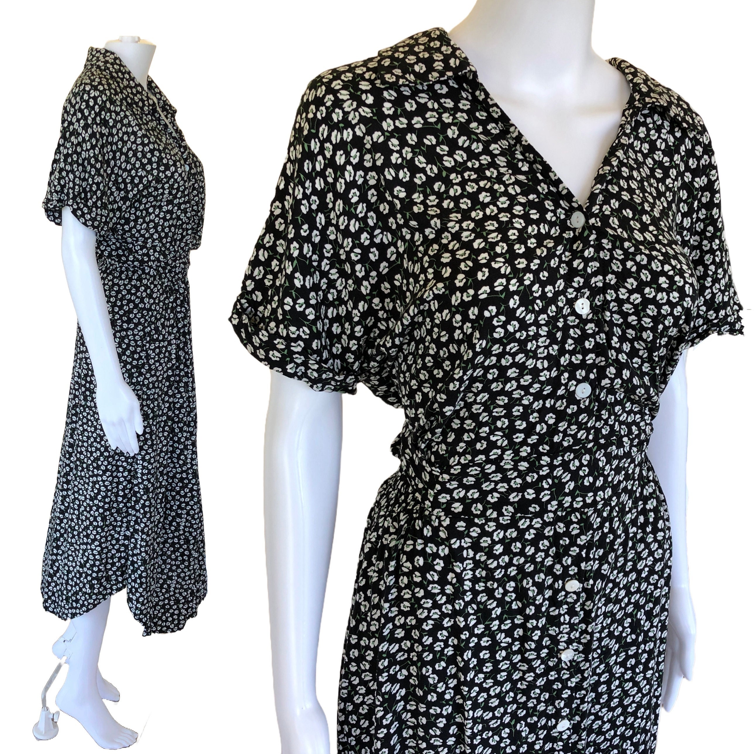 Wenrien Womens Black Floral Collared Button Down Shirt Dress