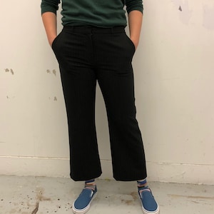 Vintage Black High Waisted Pin Stripe Dress Pants / Slight Flare Cropped Trousers / Striped Bootcut 90s Minimalist Slacks