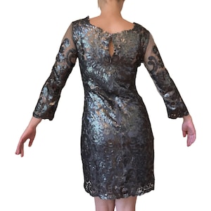 Vintage Silver Long Sleeve Sequined Mini Dress with Sheer Accents and Matching Grey Tank Slip / PArty 20s Cocktail Formal Fitted Shirt