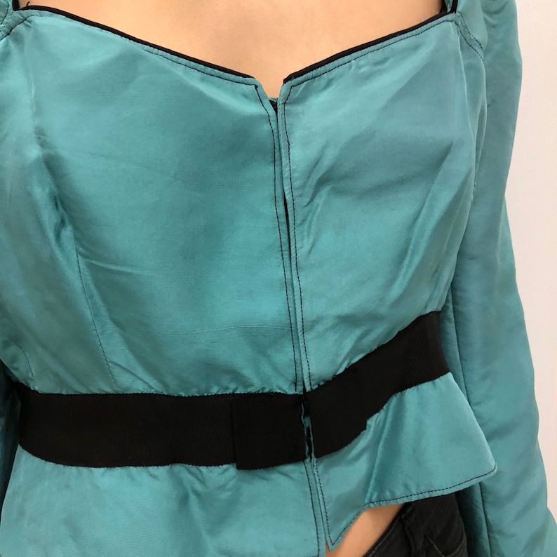 Vintage Aqua Silk Cropped Long Sleeve Blouse with Collar Petticoat Top Crop Teal Blue Shirt edwardian prairie victorian turquoise