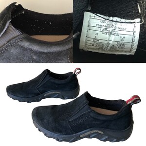vintage Merrell Noir Daim Cuir Jungle Moc Slip-On Chaussure Randonnée Chunky Sneaker US Youth 4 / Euro 34 image 8