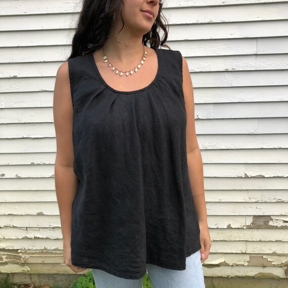 Vintage Black Flax Linen Tank Top With 