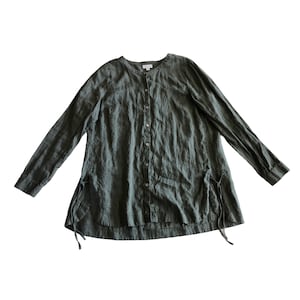Vintage Gray Green Long Sleeve Linen Button Down J Jill Blouse / Simple Natural Fiber Tunic Shirt with Side Tie