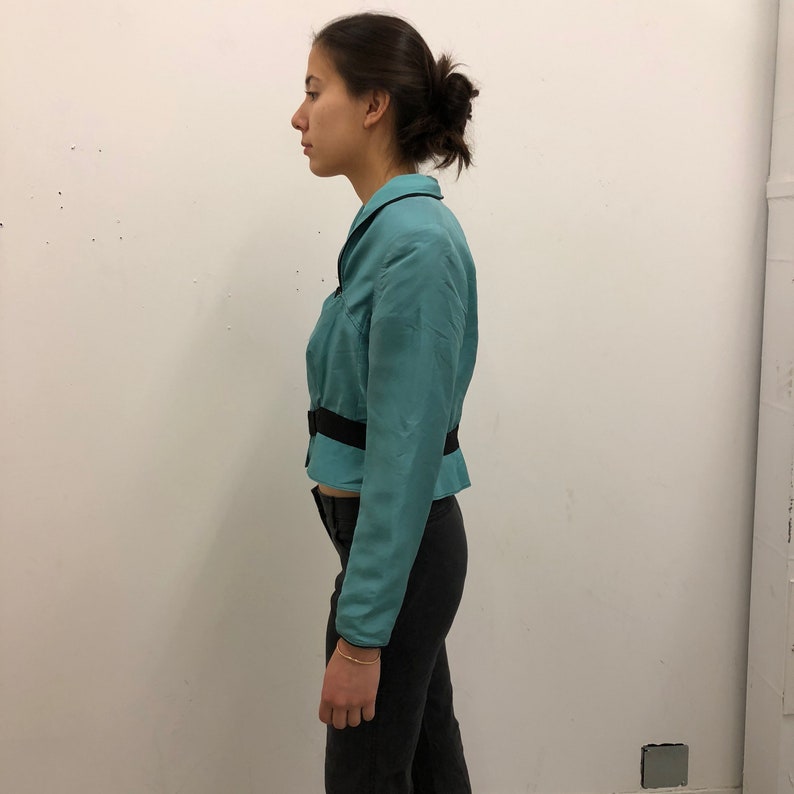 Vintage Aqua Silk Cropped Long Sleeve Blouse with Collar Petticoat Top Crop Teal Blue Shirt edwardian prairie victorian turquoise