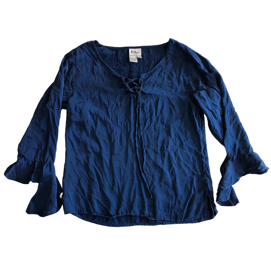 Freya Retro V Neck Bell Sleeve Blouse in Navy