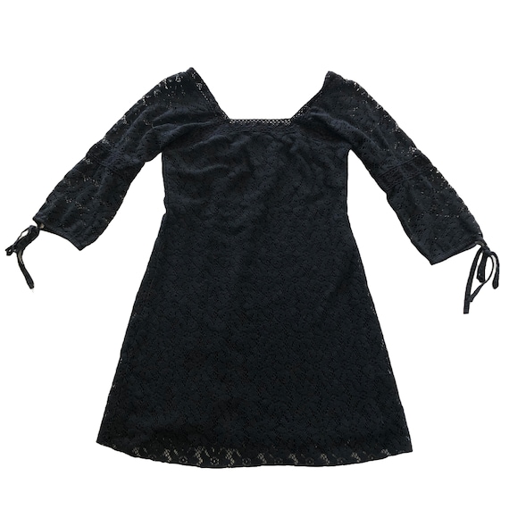 Vintage Black Crochet Mini Dress: Floral Fit & Flare, Bell Sleeve Detail -  Etsy