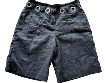 Pantalones cortos largos de lino negro de talle alto para mujer de Vintage Tweeds, talla 4, con ojales y forro.