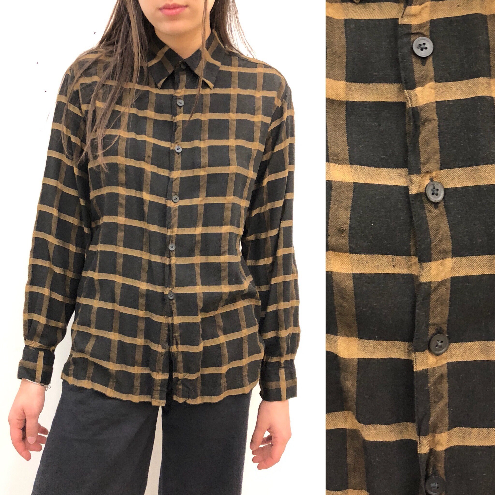 Vintage Brown Plaid Button Down Long 