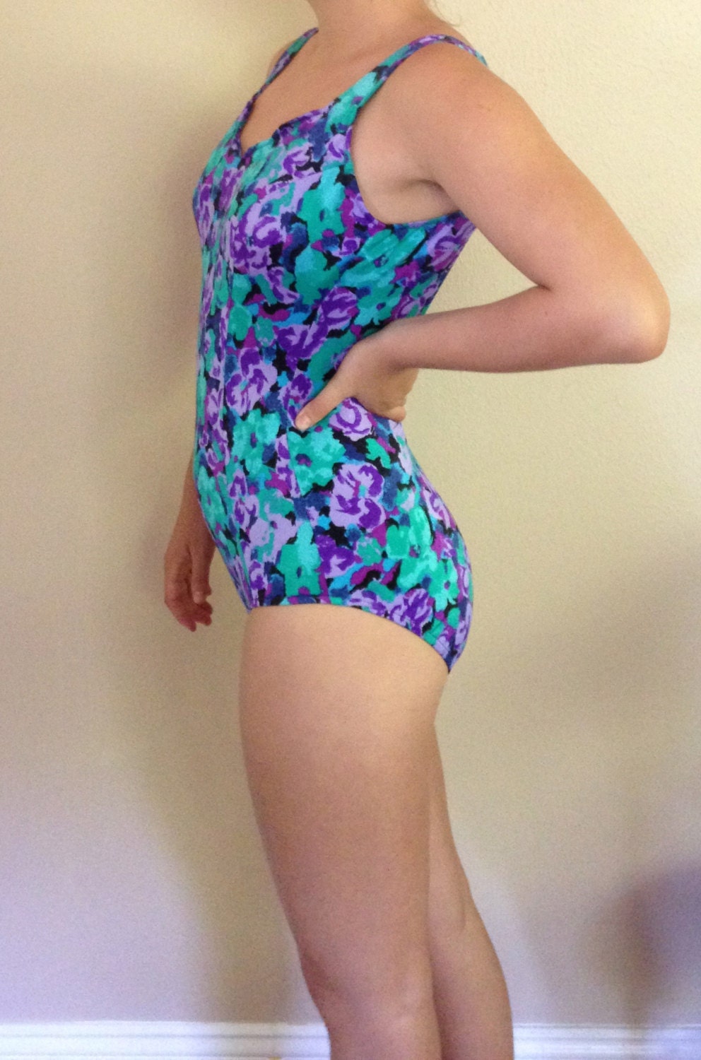Vintage Purple and Green Floral One Piece Bathing Suit Etsy
