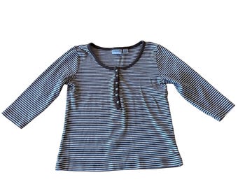 Chico's Brown White Striped Scoop Neck Three Quarter Long Sleeve Crop Henley Top