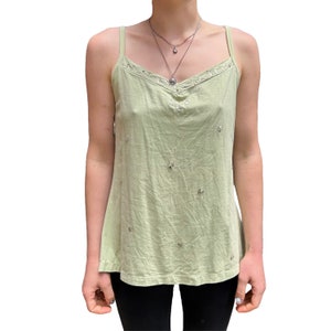 Vintage Mint Green Spaghetti Strap Fitted Stretchy Tank Top with Built in Bra and Sequined Embroidered Trim Detail