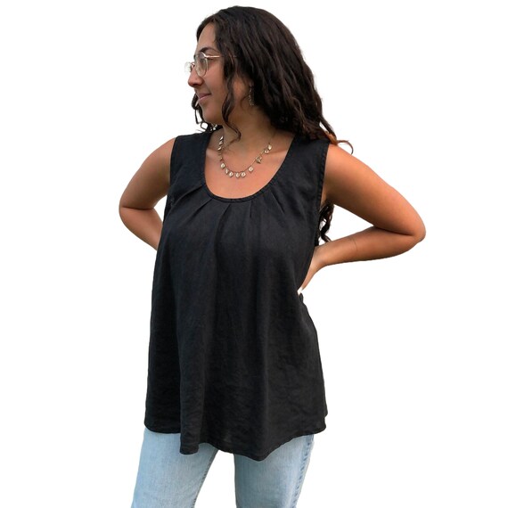 Vintage Black Flax Linen Tank Top with Pleated Ne… - image 1