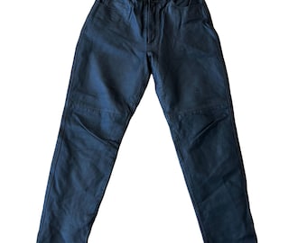 May include: Dark blue leather pants with a straight leg fit and a high waist.
