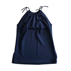 Gretchen Scott Navy Blue Tank Top with Built in Bra & High Neck / Tie Blouse / Business Casual Sleeveless Halter Shirt
