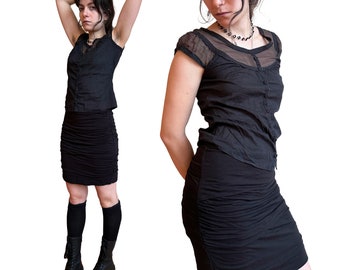 Vintage Black Stretchy Layered Ruched Asymmetrical Max Studio Y2K High Rise Tube Mini Skirt
