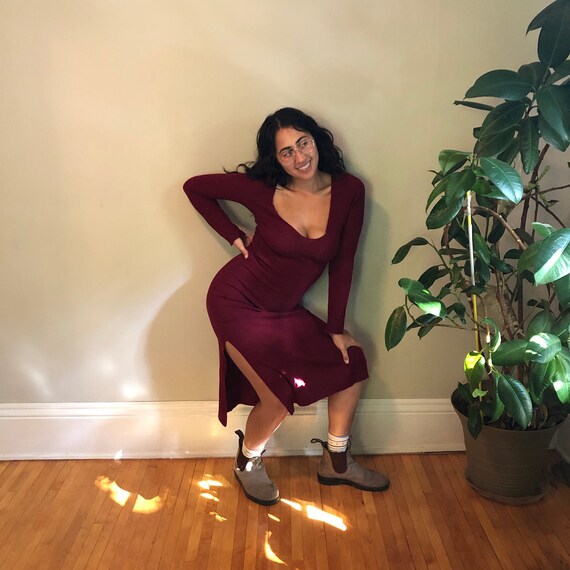Vintage Burgundy Long Sleeve Ribbed Fitted Midi Sw