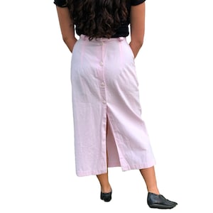Vintage A. Byer Light Pink High Waisted Canvas Midi Skirt with Pockets and Buttons Down the Back