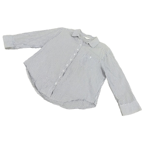 Vintage White and Blue Thin Striped Collared Three Quarter Length Button Blouse