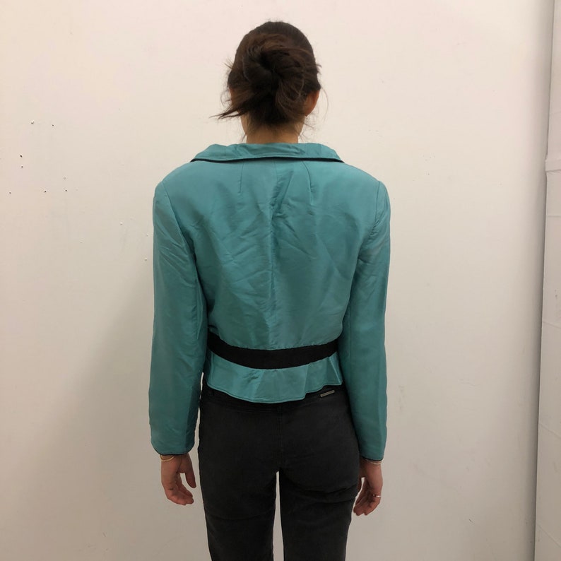 Vintage Aqua Silk Cropped Long Sleeve Blouse with Collar Petticoat Top Crop Teal Blue Shirt edwardian prairie victorian turquoise