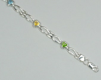 Wonderful Estate Sterling Silver Bracelet With Hearts Gemstones and Rhodium Coating