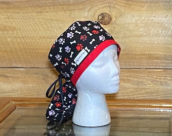 Dog lover Ponytail scrub cap with tie backs-Dr./Nurse Surgical OR ponytail caps with ties and elastic large enough for fuller hair.