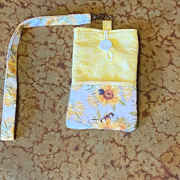 Fabric cell phone sleeve case-cross body-lanyard-wristlet strap/padded phone pouch-snap pocket closure-gifts-connector card patch optional