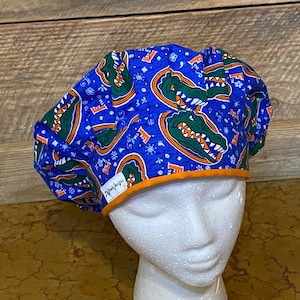 Florida Gators scrub cap/pony tail-bouffant-traditional scrub cap/surgeons scrub cap with elastic and ties/Florida Gators scrubs