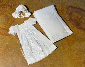 Baptism/Baby Dedication/Christening Gown/with bonnett and blanket/White Cotton Infant gown/bonnet/baptism gown w/bonnet/Baby Blanket