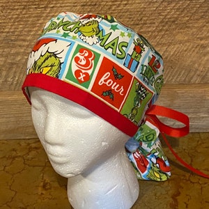 Christmas ponytail surgical cap,womens scrub hat,surgery pony tail holder scrub caps,Christmas Grinch holiday scrub cap,holiday season gift