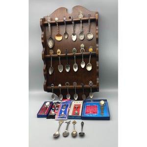 Souvenir Spoon Display Holder With 27 Collector Spoons Sterling Silverplate