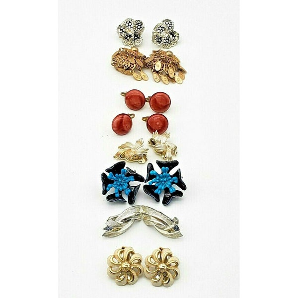 Vintage Earrings Clip On Lot 8 Pairs Coro Hong Kong Enamel Rhinestone Filigree