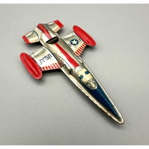 Vintage Tin Litho Japan Airplane Whistle USAF Jet Plane Toy 3&quot; Works