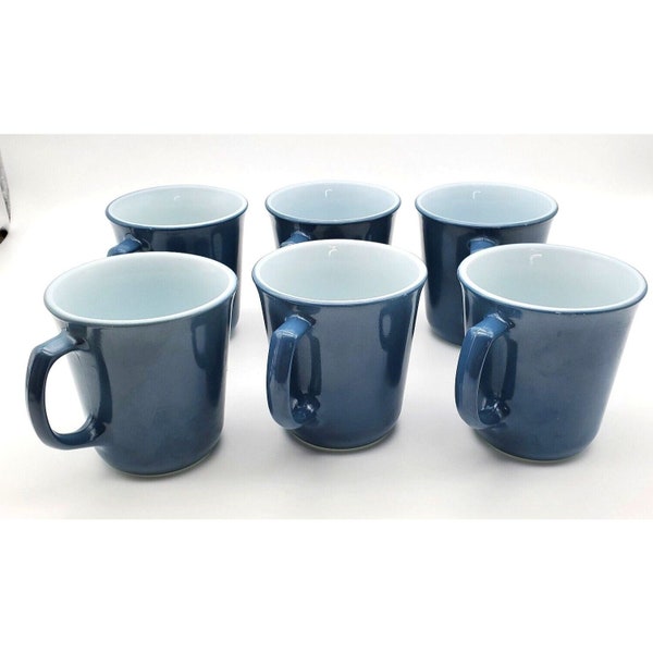 Vintage Pyrex Coffee Mugs Set 6 Milk Glass Blue Coffee Cups USA VG Condition