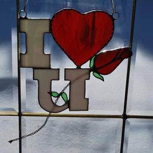 Stained glass I love you with a rose suncatcher, wall hanging, home decor image 1