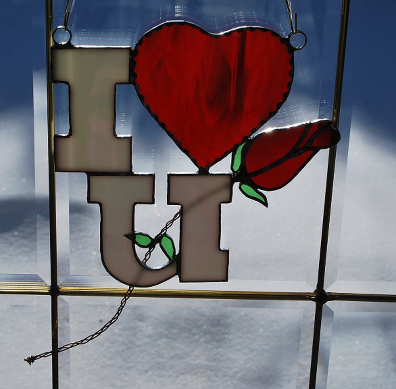 Stained glass I love you with a rose suncatcher, wall hanging, home decor image 1