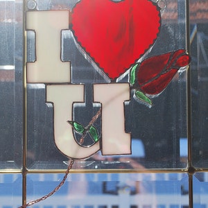 Stained glass I love you with a rose suncatcher, wall hanging, home decor image 3