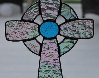 Stained glass crystal & crackle texture glass crucifix suncatcher wall hanging