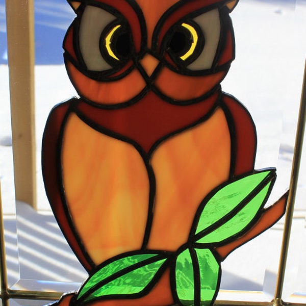 Stained glass owl on a branch suncatcher wall hanging