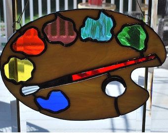 Stained glass paint palette and brush suncatcher, wall hanging