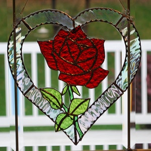 Stained glass "Rose inside of heart" suncatcher/ wallhanging home decor