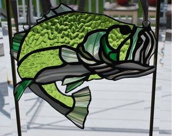 Large mouth Bass stained glass suncatcher, wall hanging