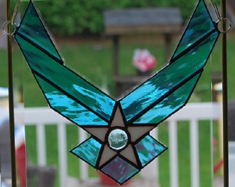 Stained glass Air Force logo with baby blue glass gem suncatcher wall hanging