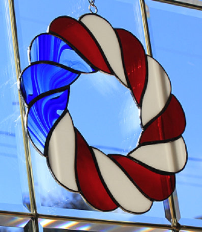Stained glass red, white, and blue Patriotic wreath sun catcher, wall hanging image 2