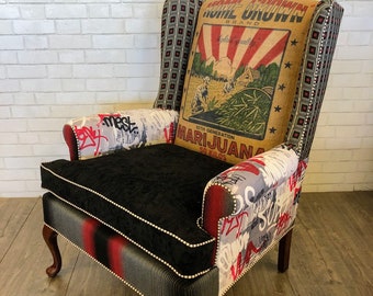 SOLD Wingback Chair with Marijuana Jute Sack, Red and Black, Velvet and Graffiti Fabric // Vintage Upholstered Chairs // Up-Cycled Chair