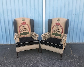 SOLD Wingback Upholstered Chairs with Clean Jute Coffee Sacks, Ticking Stripe, and Black Crushed Velvet // Arm Chairs // Accent Chairs