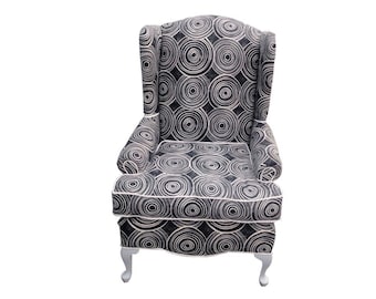 SOLD Wingback Chair with Mid Century Modern Circle Fabric and White Legs / Vintage / Up-cycled / Upholstered Arm Chair / Living Room Chair