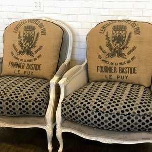 SOLD Bergere Arm Chairs with Vintage French Grain Sacks, Grey Velvet, Kravet Polka Dots, and Coffee Jute Sacks // Living Room Accent Chairs