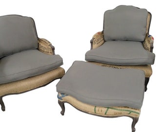 SOLD Bergere Arm Chair with Grey Linen and Coffee Sacks with coordinating Ottoman // Arm Chairs // Living Room Chairs // Farmhouse decor