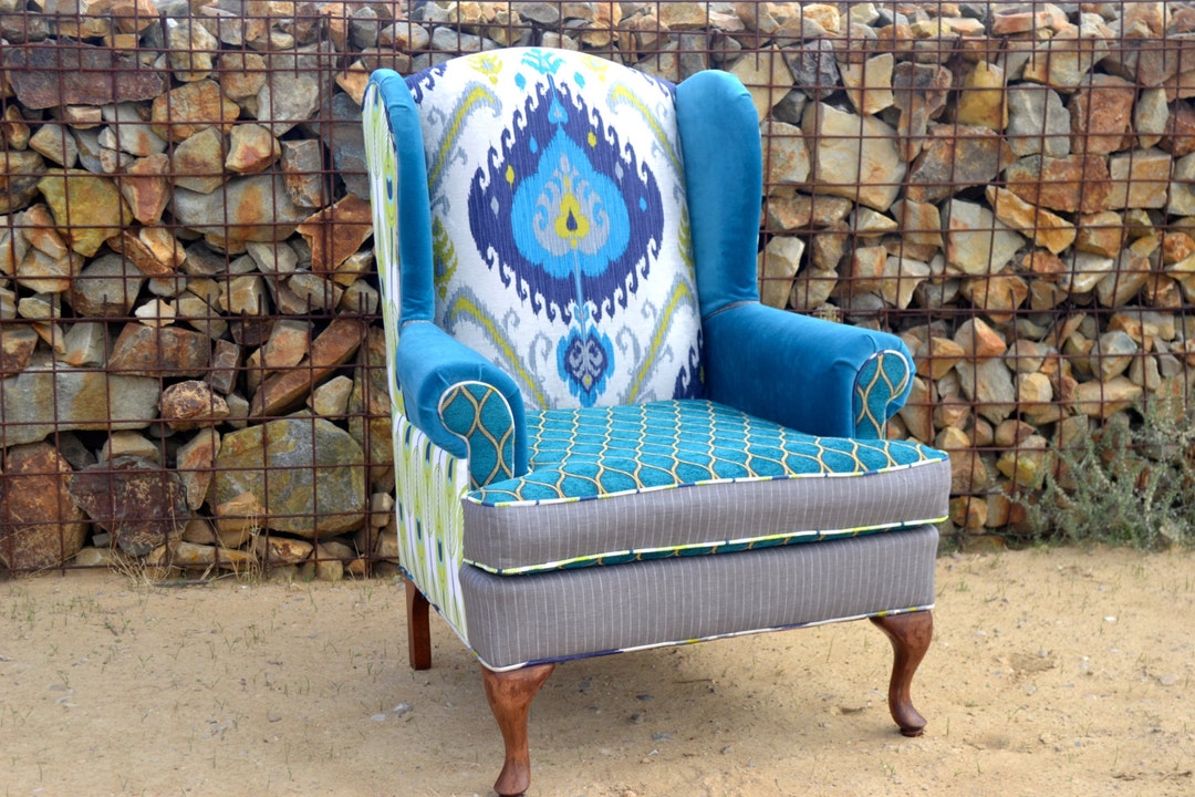 SOLD Custom Vintage Upholstered Wingback Chair Upcycled Peacock