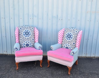 SOLD Upholstered Wingback Chairs With Pink and Blue Fabrics // Arm